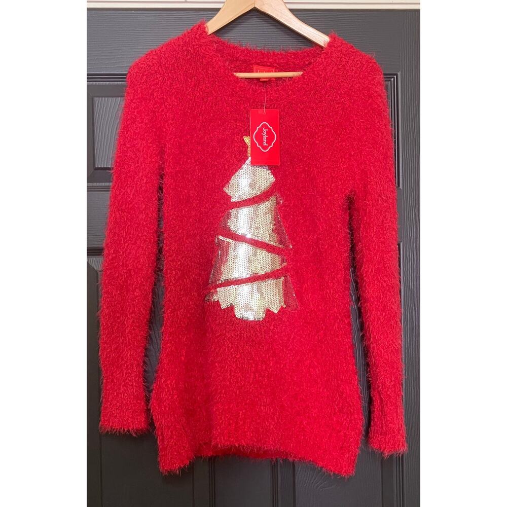 New Christmas Sweater Women's Medium‎ Joyland Tree Sequins Red Silver Gold Star